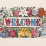 Red and blue WELCOME text surrounded by flowers on a beige background