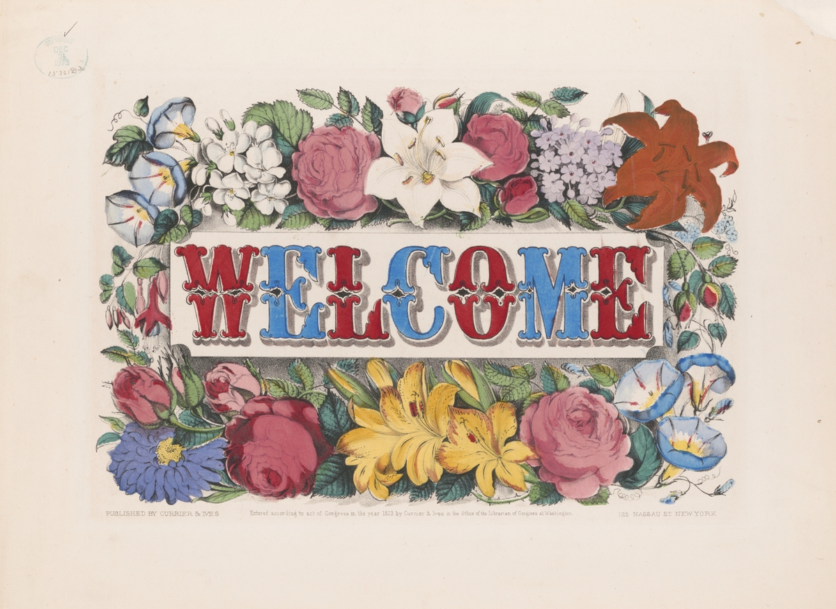 Red and blue WELCOME text surrounded by flowers on a beige background
