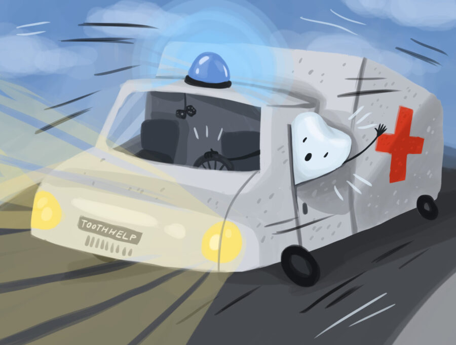 Graphic illustration of a "tooth ambulance" for dental emergencies.